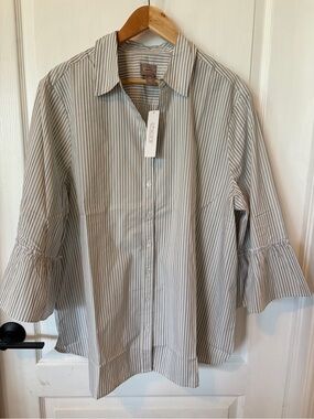 Chico's Gray and White Striped Button-Down Shirt